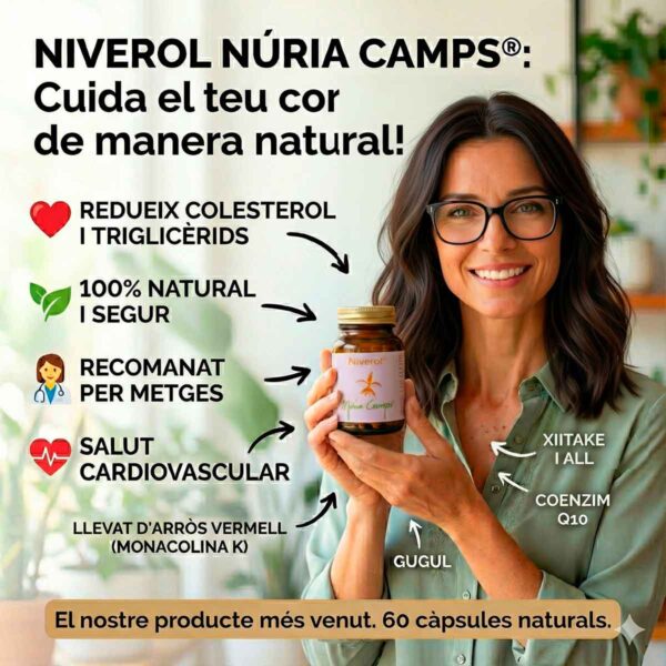 nuria-camps-niverol-colesterol-cat-1 Anunci de Niverol Núria Camps®, suplement natural per al colesterol i triglicèrids. Una dona somrient sosté el pot del producte. Text destacat: "Cuida el teu cor de forma natural", "Redueix colesterol", "100% natural", "Recomanat per metges" i ingredients com Llevat d'arròs vermell, Shitake i Coenzim Q10.