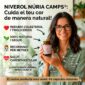 Anunci de Niverol Núria Camps®, suplement natural per al colesterol i triglicèrids. Una dona somrient sosté el pot del producte. Text destacat: "Cuida el teu cor de forma natural", "Redueix colesterol", "100% natural", "Recomanat per metges" i ingredients com Llevat d'arròs vermell, Shitake i Coenzim Q10.
